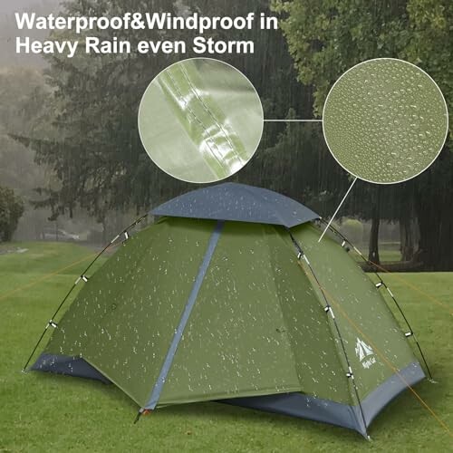 Tent in heavy rain with waterproof feature highlighted.