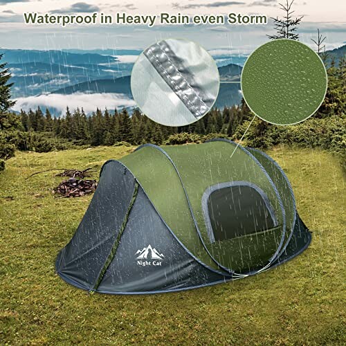 Tent in forest under heavy rain with waterproof feature highlighted.